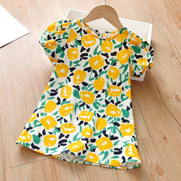 

Toddler Girls Allover Print Puff Sleeve Tee Dress, Multicolor