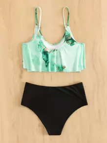 SHEIN Swim Summer Beach Marble Print Tankini Set Flowy Cami Top & High Waisted Bottom 2 Piece Bathing Suit - Multicolor - View 2