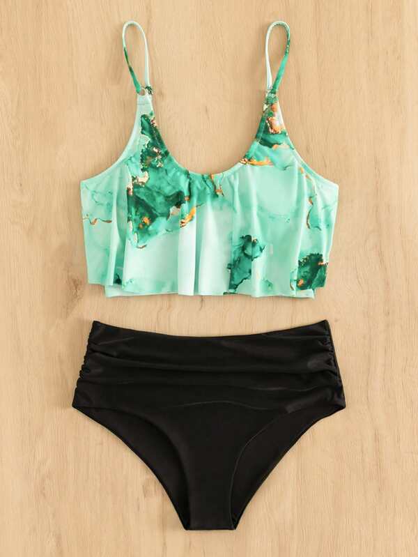 Marble Print Tankini Set Flowy Cami Top & High Waisted Bottom 2 Piece Bathing Suit SHEIN USA