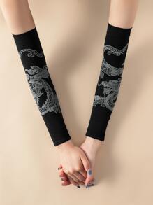 Chinese Dragon Print Long Gloves - Black - View 1