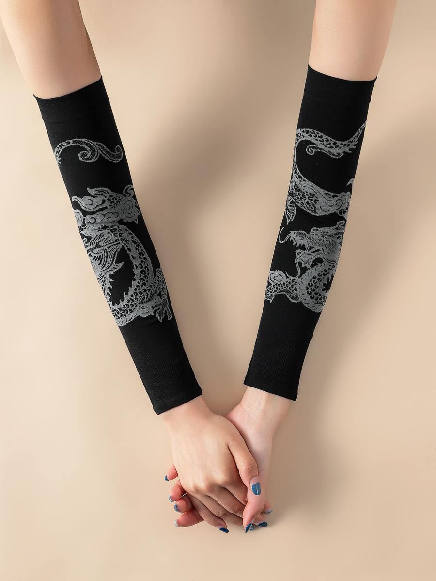 Chinese Dragon Print Long Gloves - Black - View 1