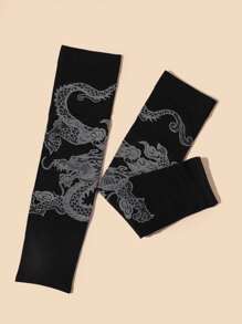 Chinese Dragon Print Long Gloves - Black - View 2