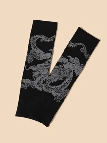 Chinese Dragon Print Long Gloves - Black - View 3
