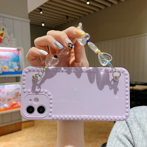 

Heart Beaded Handle Strap Phone Case, Purple