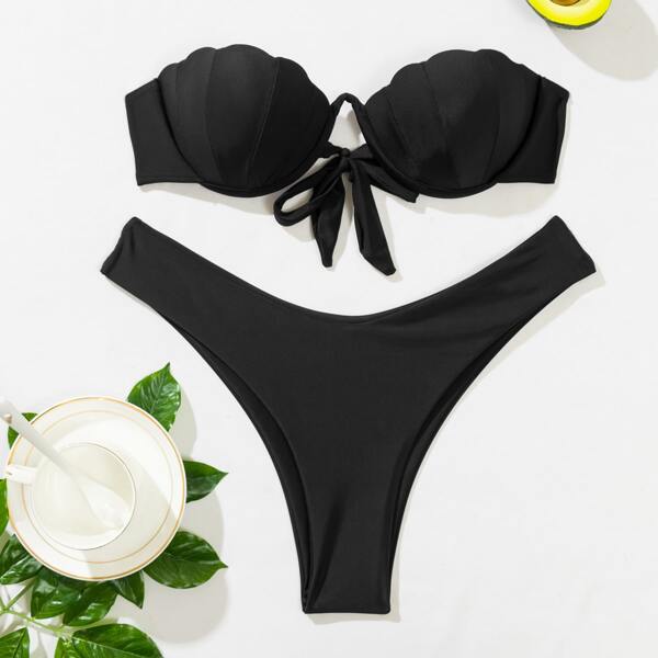 

Scallop Trim Push Up Bandeau Bikini Swimsuit, Black