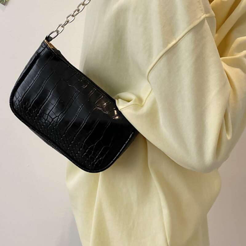 

Croc Embossed Chain Baguette Bag, Black