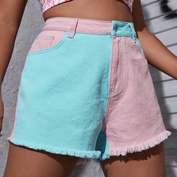 

Plus Two Tone Raw Hem Denim Shorts, Multicolor