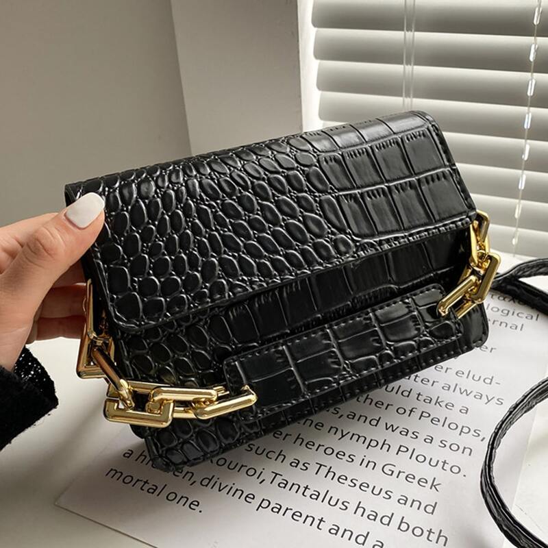 

Croc Embossed Chain Satchel Bag, Black