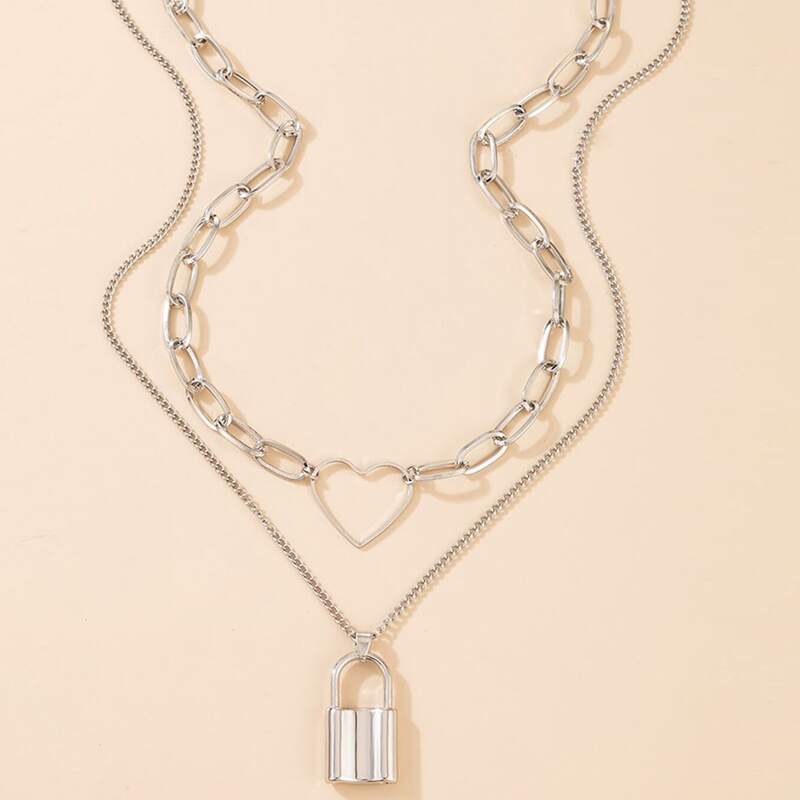 

Lock & Heart Layered Necklace, Silver