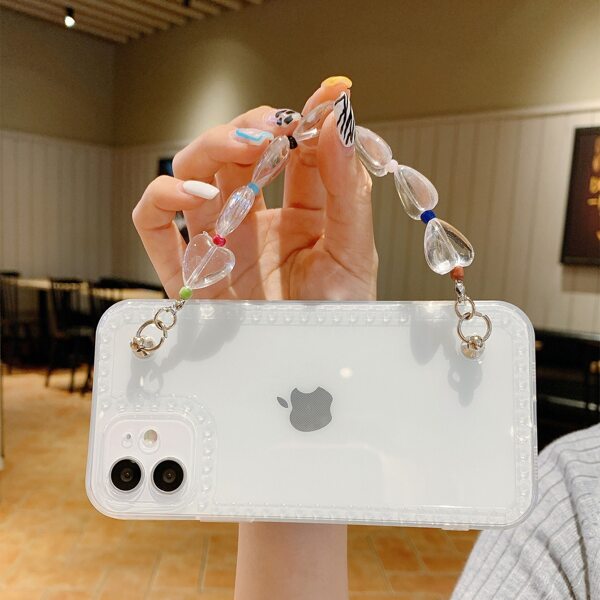 

Heart Beaded Handle Strap Phone Case, Clear