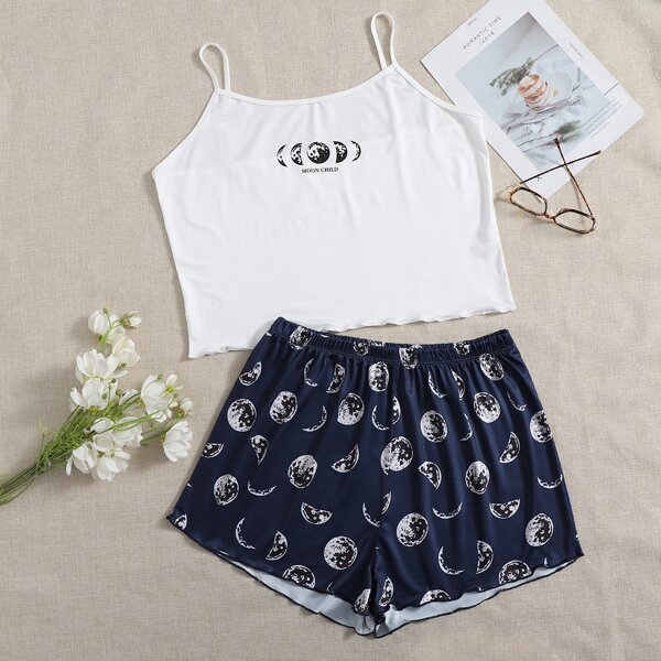 

Plus Moon Print Lettuce Trim Pajama Set, Blue and white