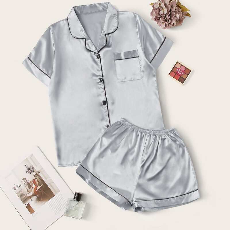 

Plus Satin Contrast Binding Button Front PJ Set, Light grey