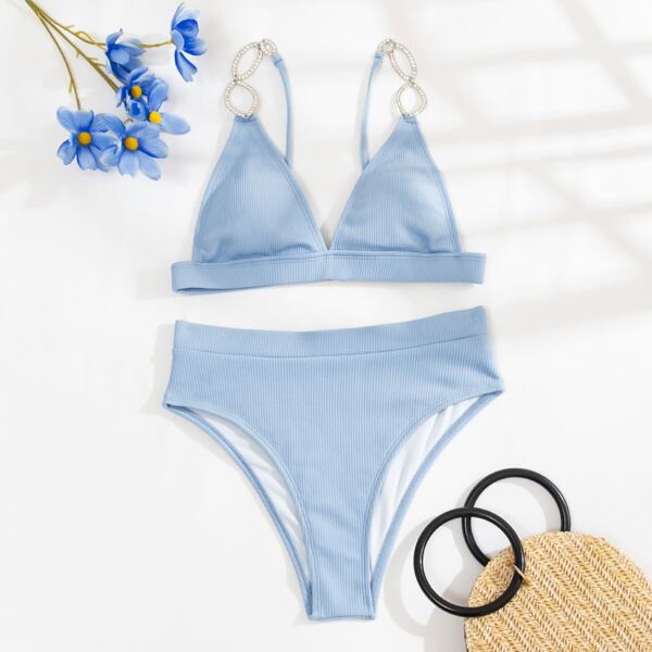 

Rhinestone Decor V Neck High Waist Bikini Swimsuit, Baby blue