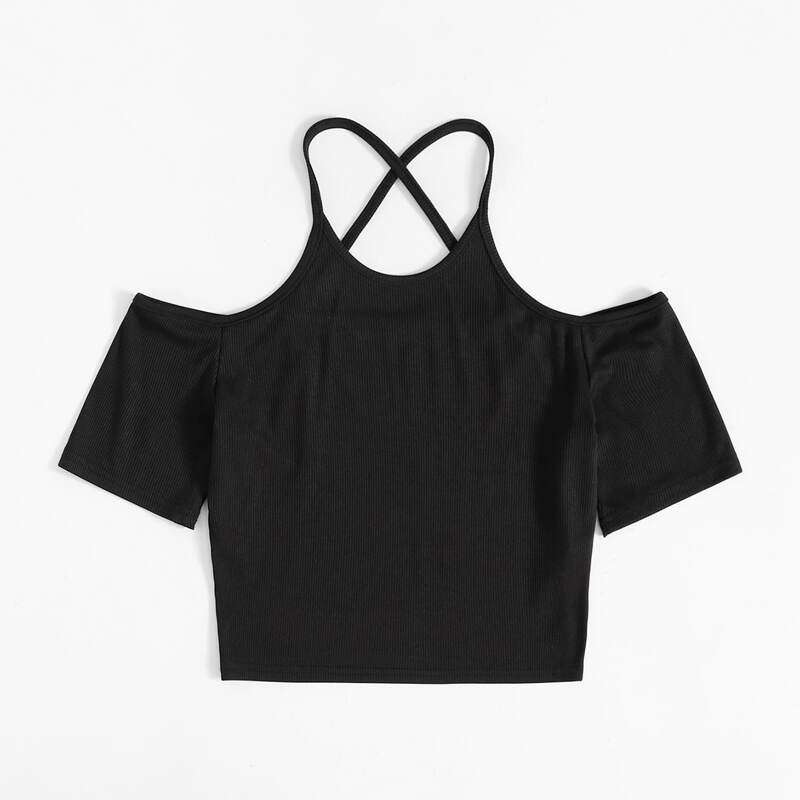 

Solid Cold Shoulder Ribbed Tee, Black