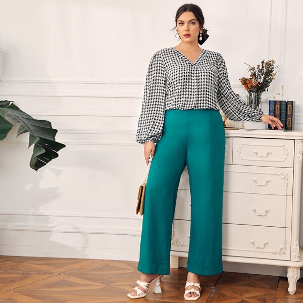 

Plus V-neck Bishop Sleeve Houndstooth Top & Pants Set, Multicolor