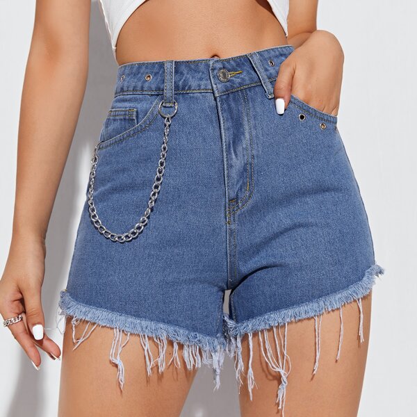 

Solid Raw Hem Chain Detail Denim Shorts, Medium wash
