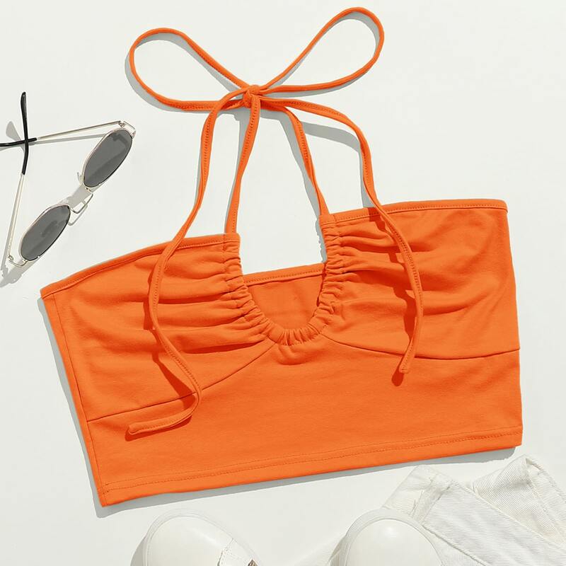 

Solid Cut Out Halter Crop Top, Orange