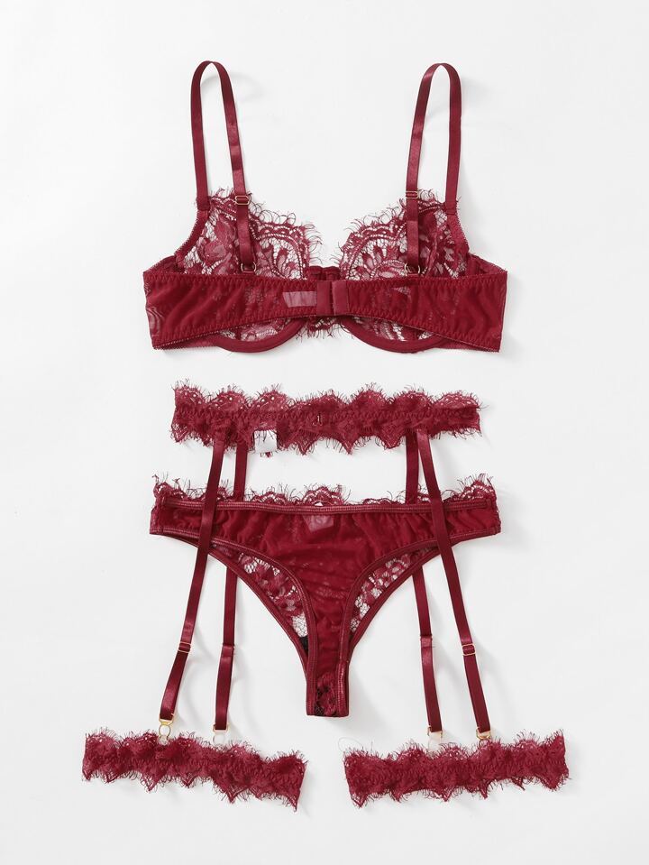 Our 3pack Eyelash Floral Lace Garter Lingerie Set is such a vibe - ROMWE