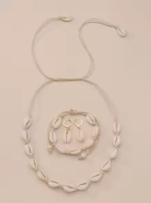 1 Set: 1 Pair Natural Beaded Wax Rope Braided Earrings, 1 Bracelet, 1 Necklace - White - View 5