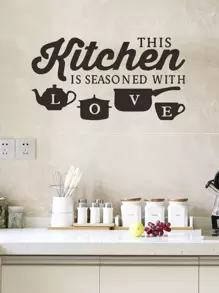 1pc Slogan Graphic Wall Sticker, Black Simple Letter And Pot Cup Kitchen Oil-Proof Sticker, Removable Wall Sticker, Stickers, Wall Decal, Vinyl Decal For Home Decorations, Spring Decoration Items Refresh Your Home, Rama Decoration Stickers Gifts Birthday Graduation - Black - View 1