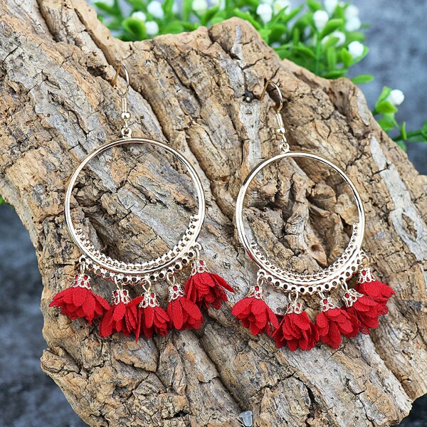 

Fabric Flower Drop Earrings, Red
