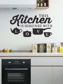 1pc Slogan Graphic Wall Sticker, Black Simple Letter And Pot Cup Kitchen Oil-Proof Sticker, Removable Wall Sticker, Stickers, Wall Decal, Vinyl Decal For Home Decorations, Spring Decoration Items Refresh Your Home, Rama Decoration Stickers Gifts Birthday Graduation - Black - View 3