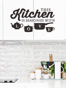 1pc Slogan Graphic Wall Sticker, Black Simple Letter And Pot Cup Kitchen Oil-Proof Sticker, Removable Wall Sticker, Stickers, Wall Decal, Vinyl Decal For Home Decorations, Spring Decoration Items Refresh Your Home, Rama Decoration Stickers Gifts Birthday Graduation - Black - View 5