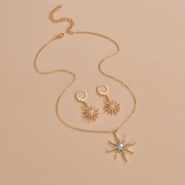 

Rhinestone Eight-pointed Star Charm Necklace & 1pair Drop Earrings, Gold