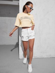 SHEIN EZwear Camiseta corta con letra - Albaricoque - Ver 4