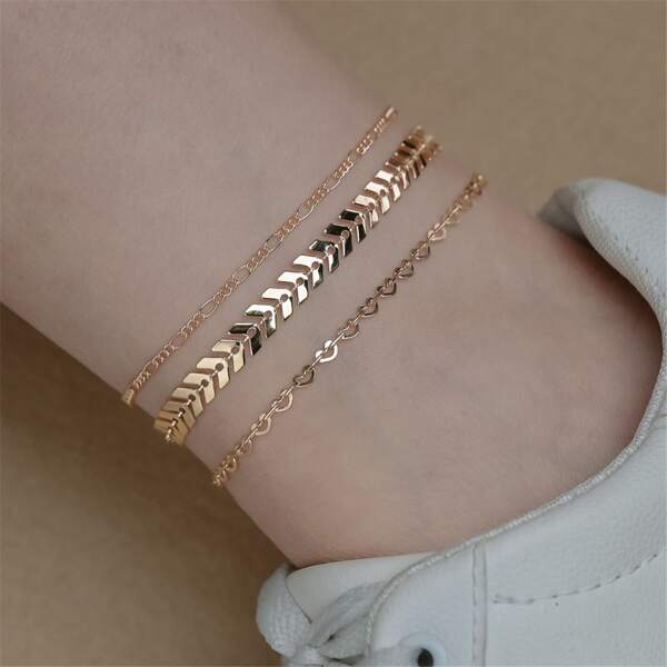 

3pcs Heart Decor Anklet, Gold