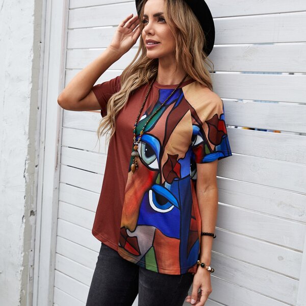 

Raglan Sleeve Graphic Print Tee, Multicolor
