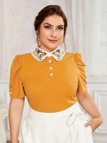 SHEIN Plus Floral Embroidery Puff Sleeve Top - Yellow - View 1