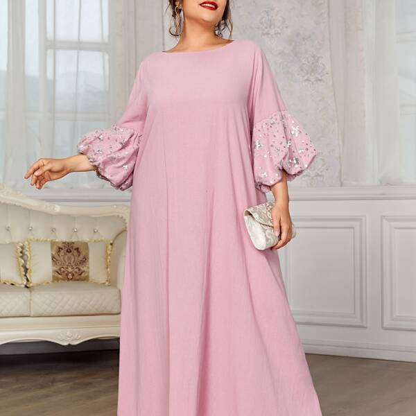 

Plus Bishop Sleeve Sequin Detail Dress, Baby pink