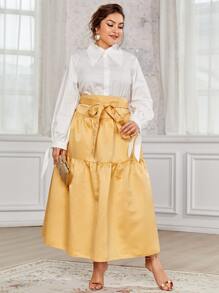 SHEIN Plus Knot Sleeve Blouse & Ruffle Hem Skirt Set - Multicolor - View 1