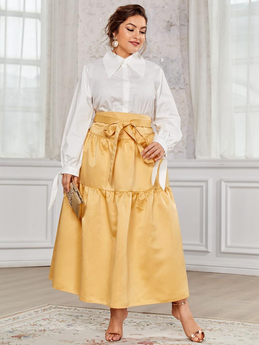 SHEIN Plus Knot Sleeve Blouse & Ruffle Hem Skirt Set - Multicolor - View 1