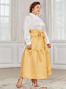 SHEIN Plus Knot Sleeve Blouse & Ruffle Hem Skirt Set - Multicolor - View 3