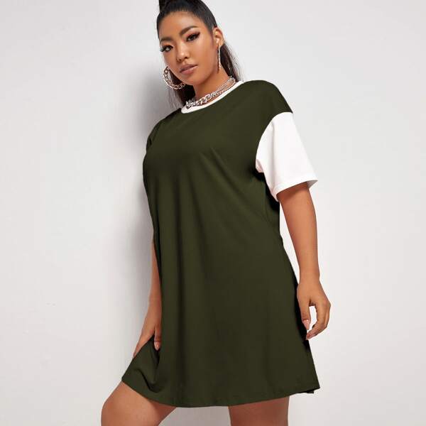 

Plus Colorblock Drop Shoulder Tee Dress, Army green