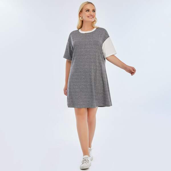 

Plus Colorblock Drop Shoulder Tee Dress, Grey