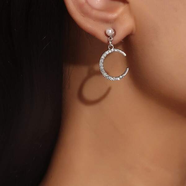 

Rhinestone Moon Charm Mismatched Drop Earrings, Silver