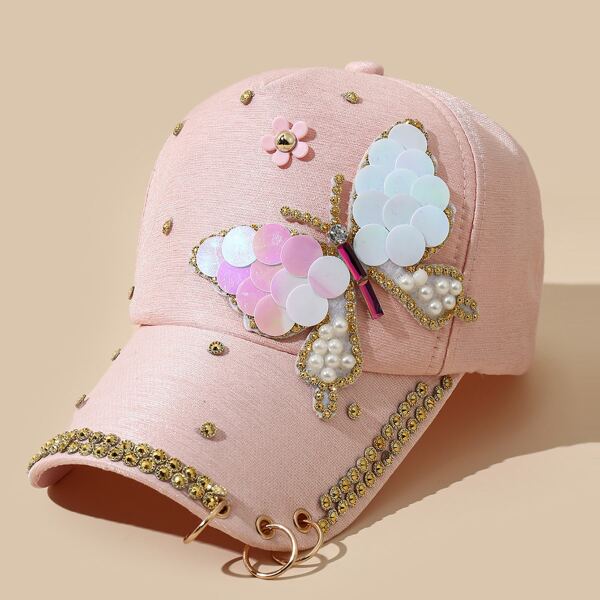 

Rhinestone Butterfly Decor Baseball Cap, Pink