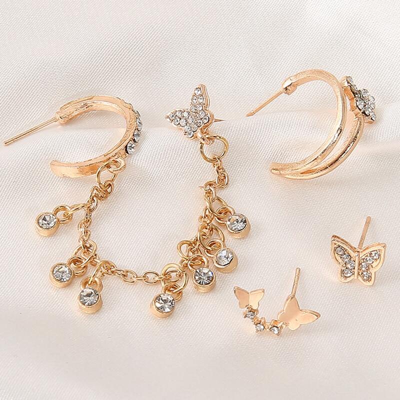 

4pcs Rhinestone Butterfly Earrings, Gold
