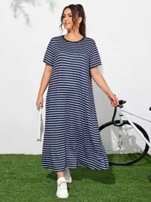 SHEIN Plus Striped Print Dress - Blue and White - View 1