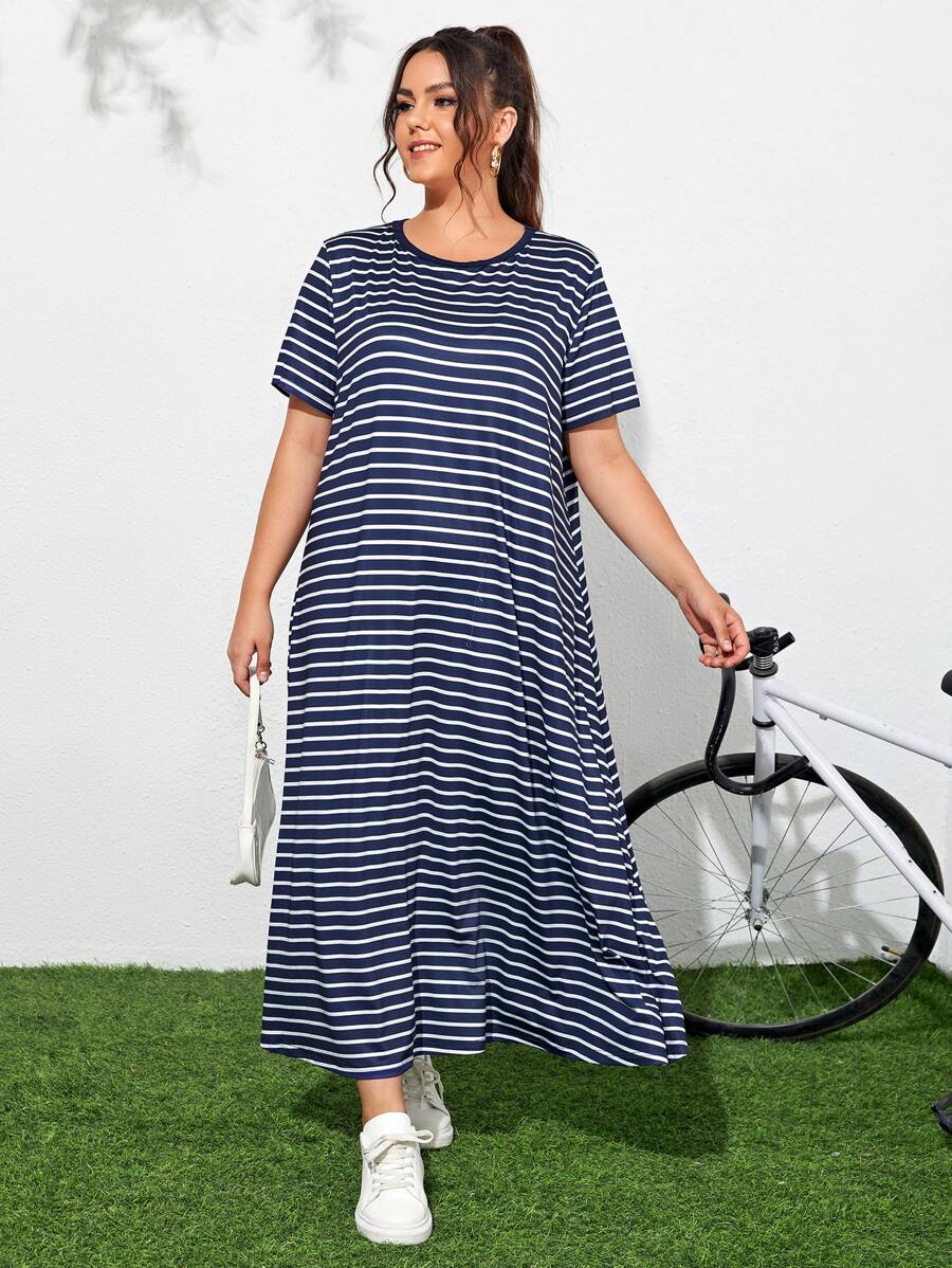 SHEIN Plus Striped Print Dress - Blue and White - View 1