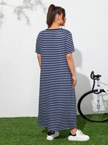 SHEIN Plus Striped Print Dress - Blue and White - View 2