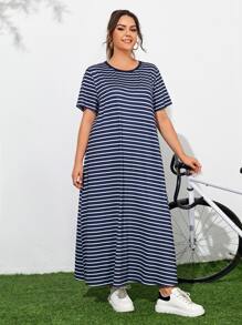 SHEIN Plus Striped Print Dress - Blue and White - View 4