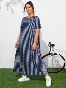 SHEIN Plus Striped Print Dress - Blue and White - View 5