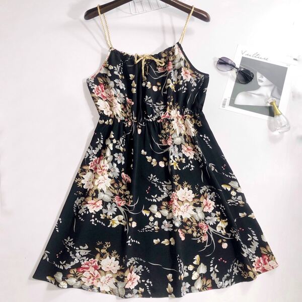

Plus Floral Print Knot Front Cami Dress, Black