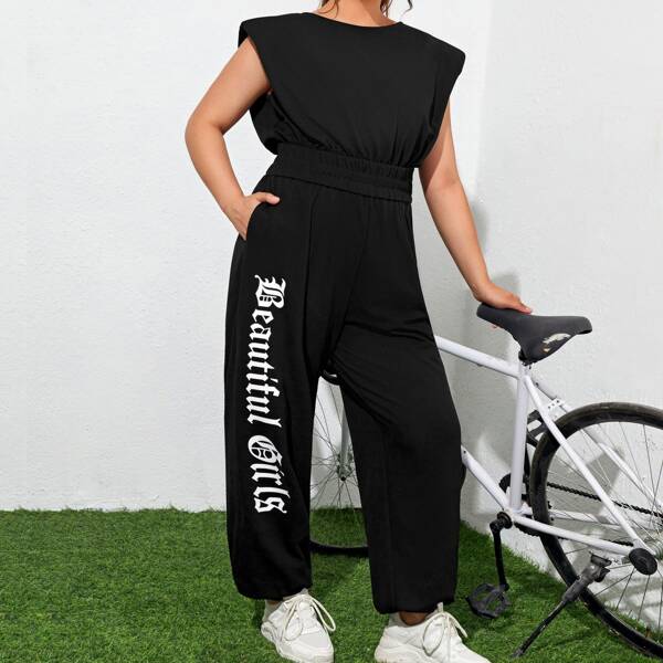 

Plus Shoulder Pad Letter Graphic Jumpsuit, Black
