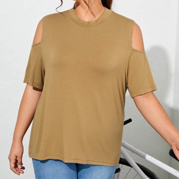 

Plus Cold Shoulder Solid Tee, Khaki