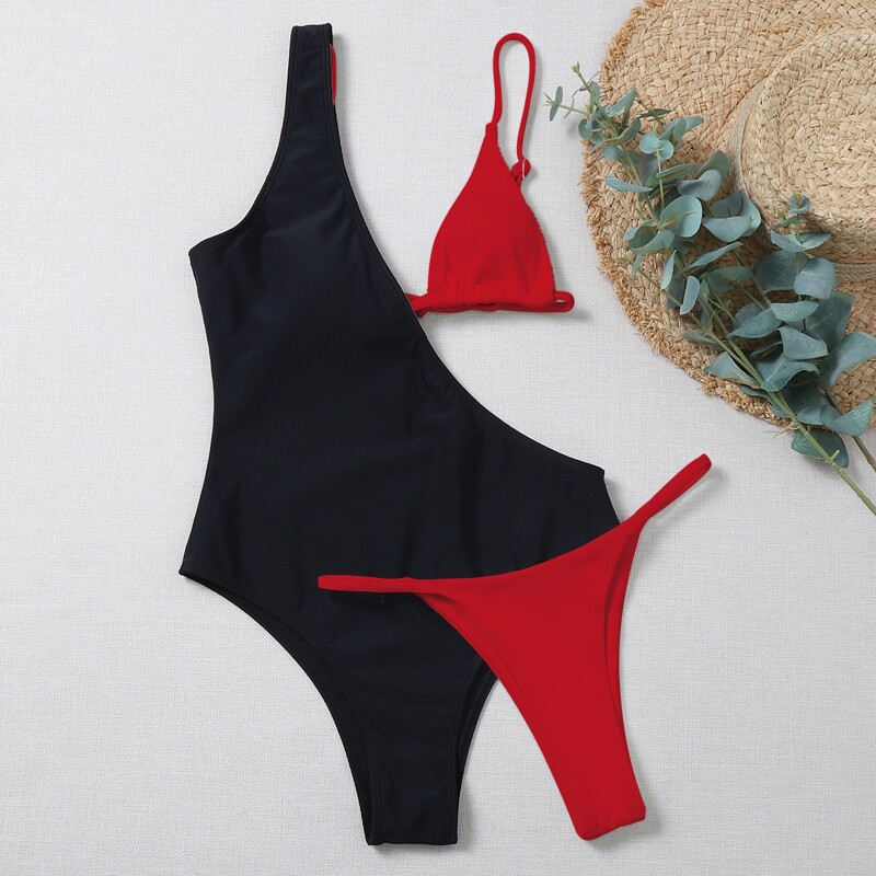 

2pack Color Block One Piece Swimsuit With Thong, Multicolor